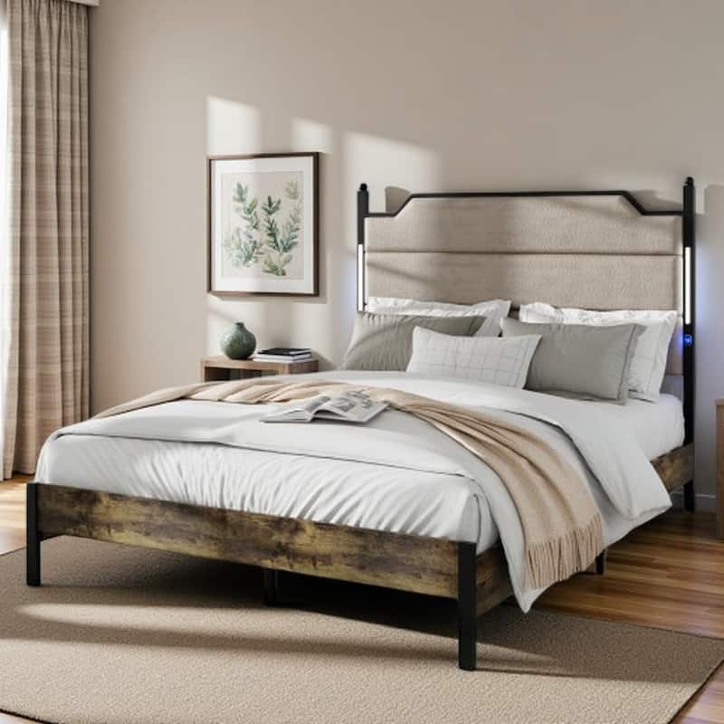 Queen Size Bed Frame with Dark Gray Upholstered Headboard, LED Lights, Charging Station, Wood Slats, No Box Spring Needed - Queen Brown - Queen