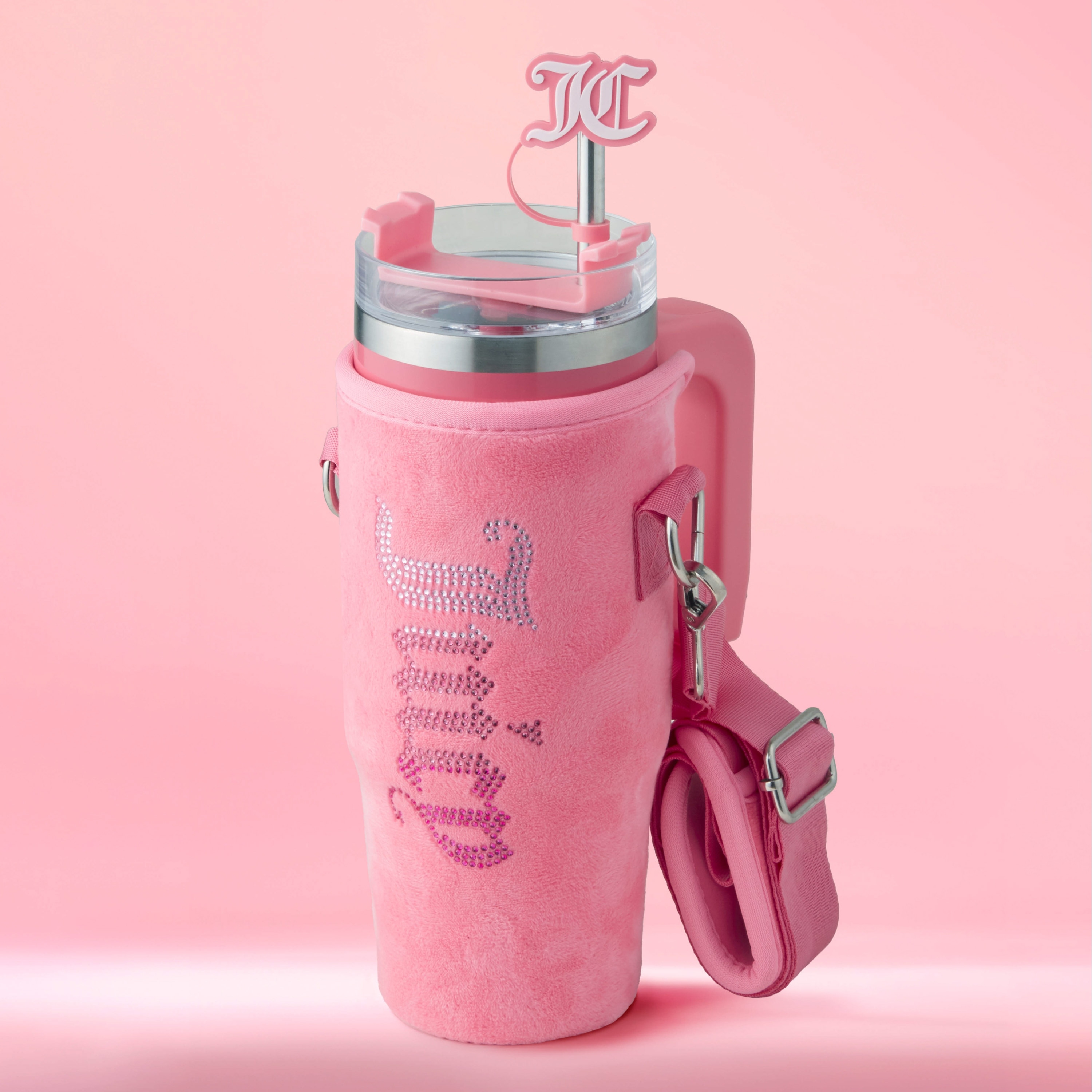Juicy Couture Jetsetter Hydration Stainless Steel Tumbler with Handle, Straw & Topper with Velour Crossbody Pouch