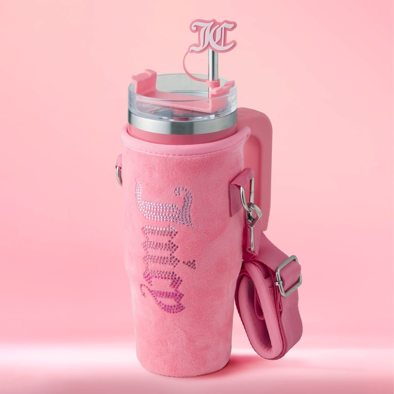 Juicy Couture Jetsetter Hydration Stainless Steel Tumbler with Handle, Straw & Topper with Velour Crossbody Pouch - Hot Pink - 30 oz
