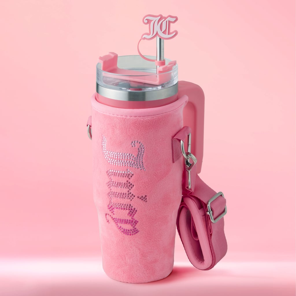 Juicy Couture Jetsetter Hydration Stainless Steel Tumbler with Handle, Straw & Topper with Velour Crossbody Pouch