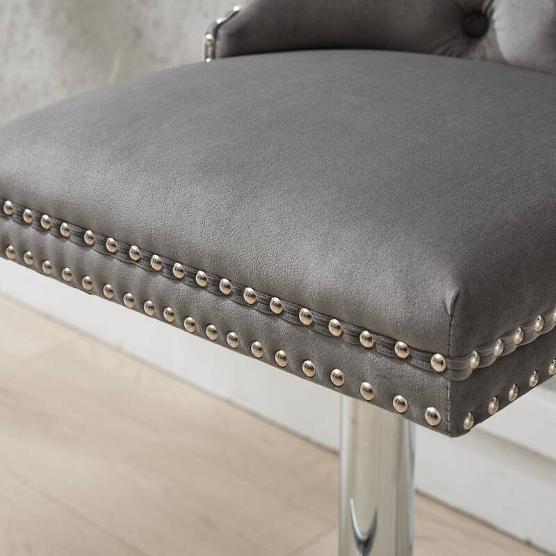 Thick Chrome Swivel Velvet Barstools,Adjustable Height,Modern Upholstered,Tufted Buttons&Diamond Pleating,Sponge&Spring Seat