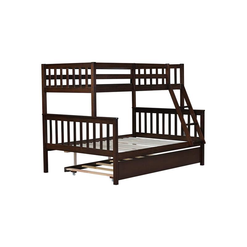 Convertible Twin Over Full Bunk Bed with Trundle, Detachable Design, Guardrail, Espresso Finish