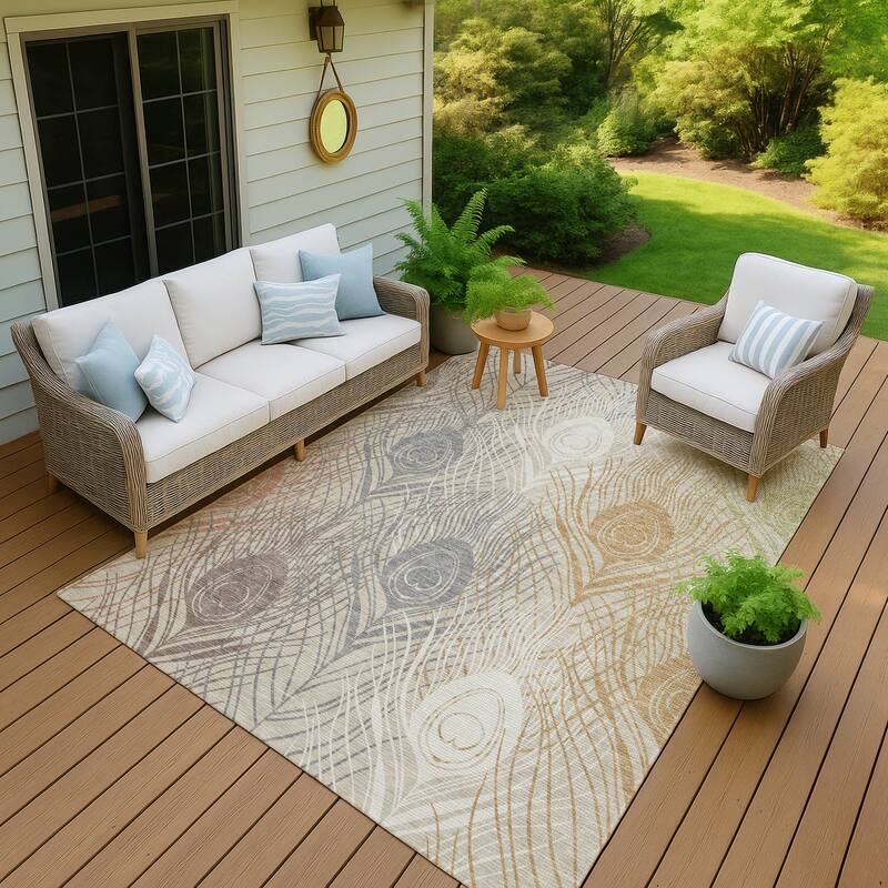 Machine Washable Indoor/ Outdoor Modern Peacock Chantille Rug - Beige - 8' x 10'
