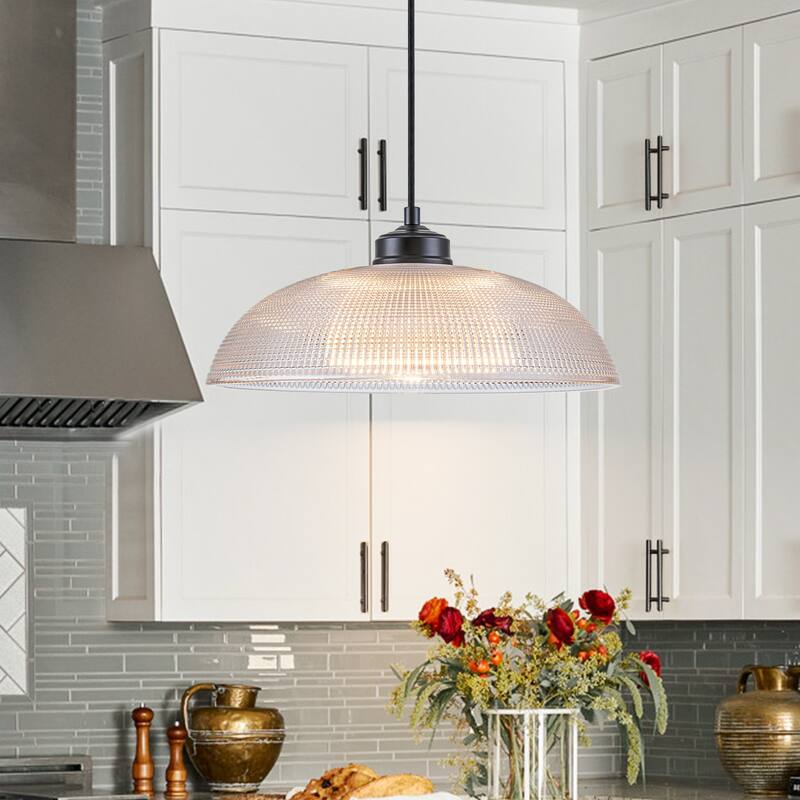 1-Light Matte Black Dome Pendant Textured Glass Kitchen Island Lights for Dining Room - W13.8"× H6.1"