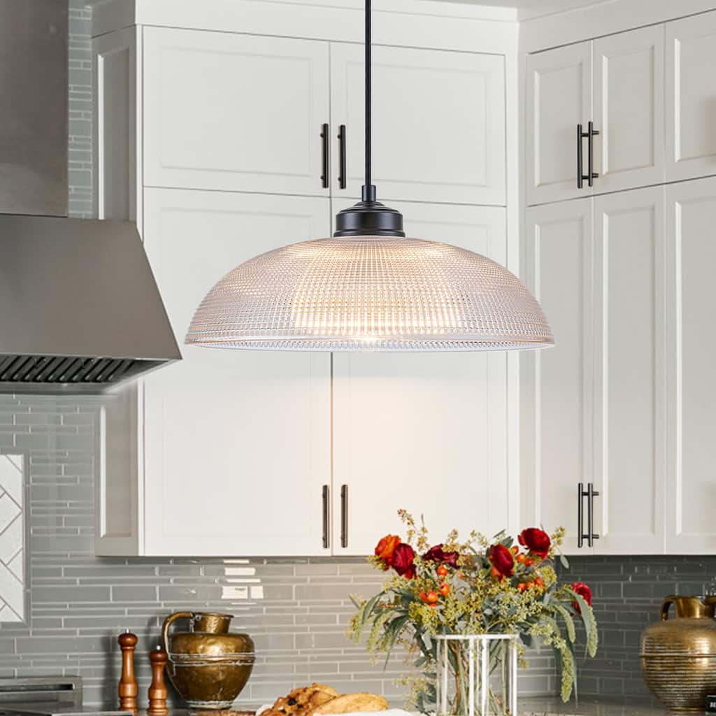 1-Light Matte Black Dome Pendant Textured Glass Kitchen Island Lights for Dining Room