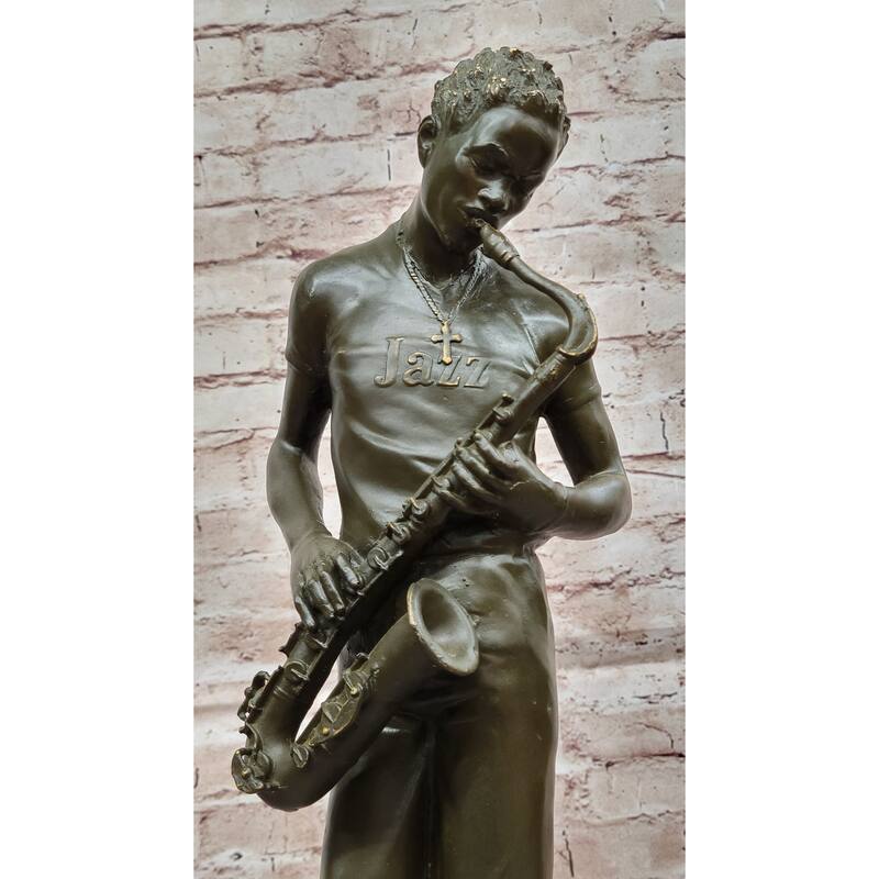 Bronze Jazz Musician Playing Saxophone On Marble Base