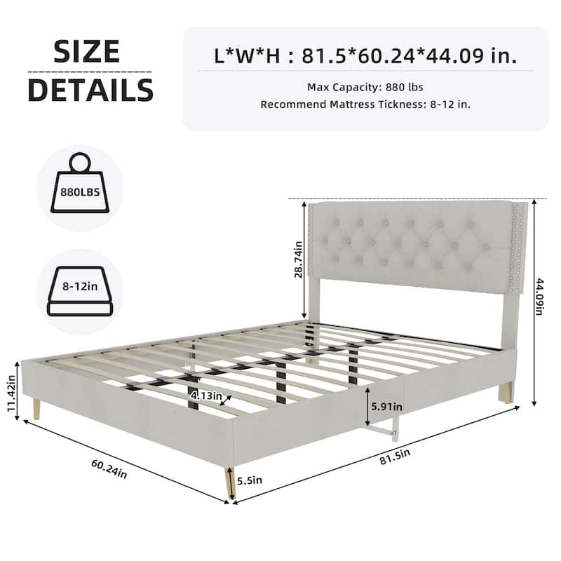 Beige Queen Size Platform Bed Frame with Upholstered Headboard