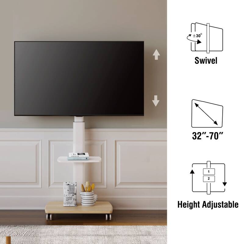 FITUEYES Rolling TV Floor Stand for 32 - 70 Inch TVs, with One Shelf and Upgraded 360° rotating wheels,Hold up to 88 lbs,