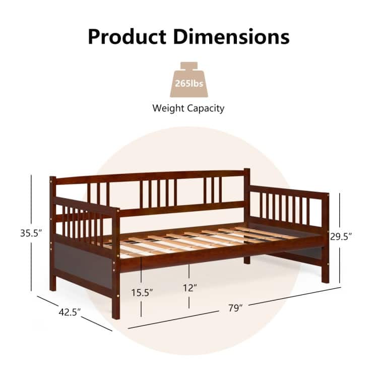Cherry Pine Wood Twin Daybed Frame with Storage Space and Durable Slat Support