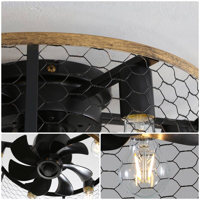 20 Inch Farmhouse Ceiling Fan Light Flush Mount Caged Lights Kit With Remote Control