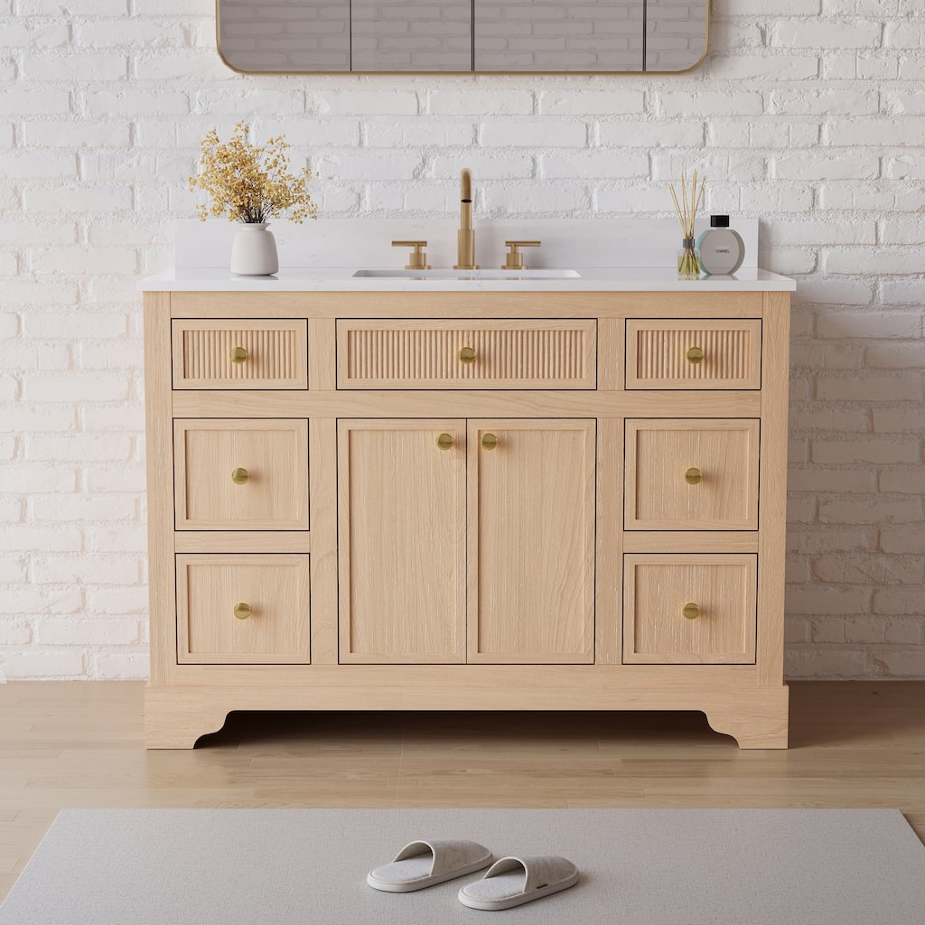 35''H Bath Solid Wood Vanity with Stain-resistant Carrera White Quartz Top And Single Sink