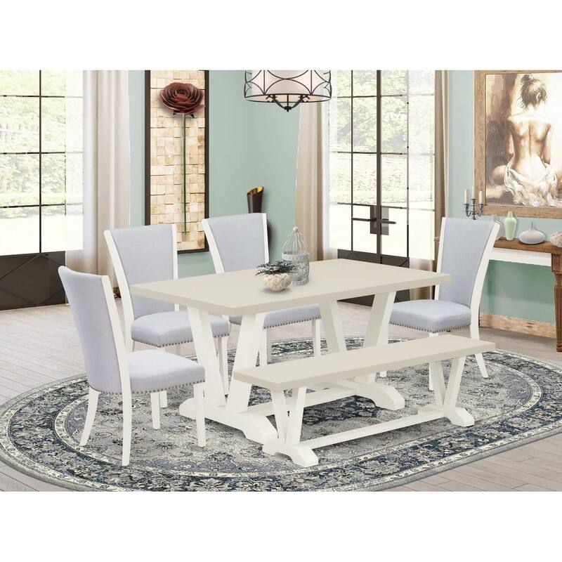 HomeStock 6-Piece Rectangle Natural Oak Finish Solid Wood Top Dining Table with 1-Bench, 4-Chairs