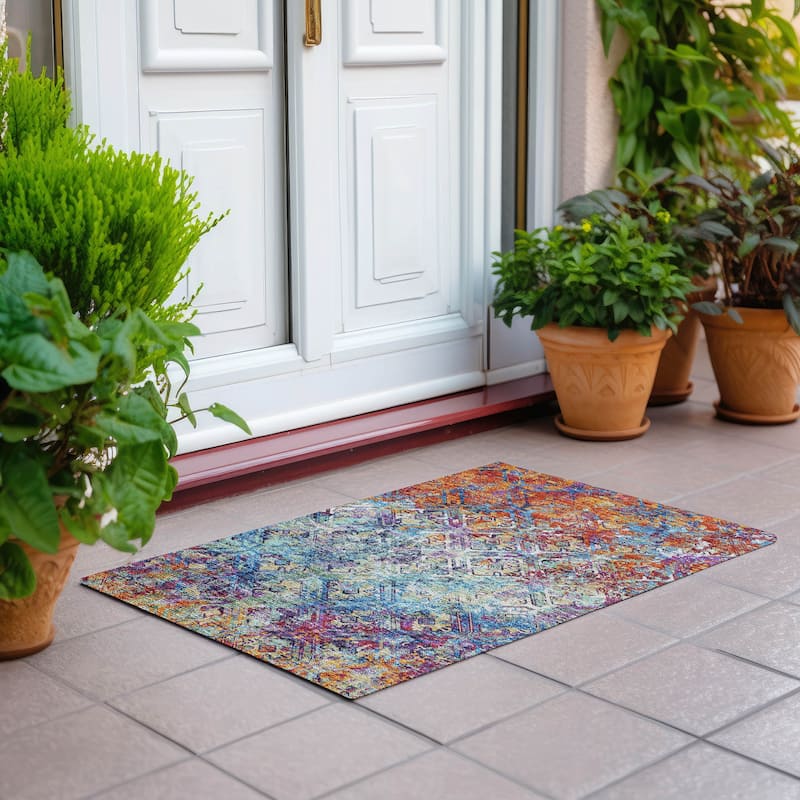 Machine Washable Indoor/ Outdoor Chantille Distressed Diamonds Rug - Copper - 1'8" x 2'6"