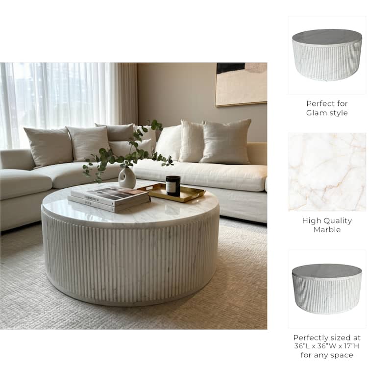 Marble Coffee Table Fluted Round Covered Outdoor Areas - 17" White - 36" x 36" x 17"