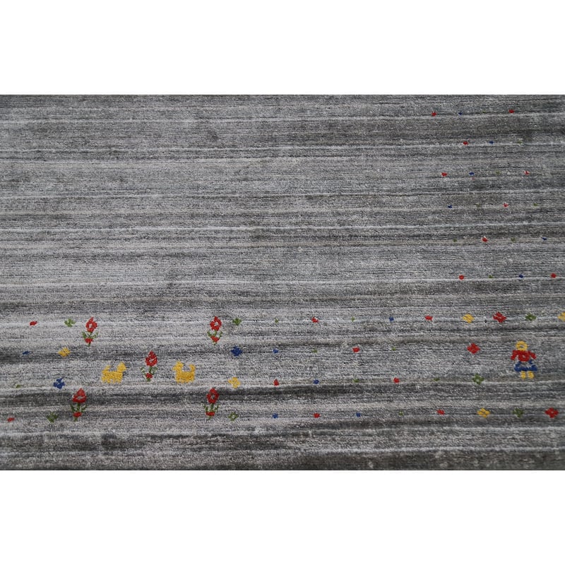 Hand Knotted Oriental Viscose Silk Carpet Tribal Animal Pictorial Greys & Charcoal Gabbeh Area Rug - 11' 9'' X 8' 11''
