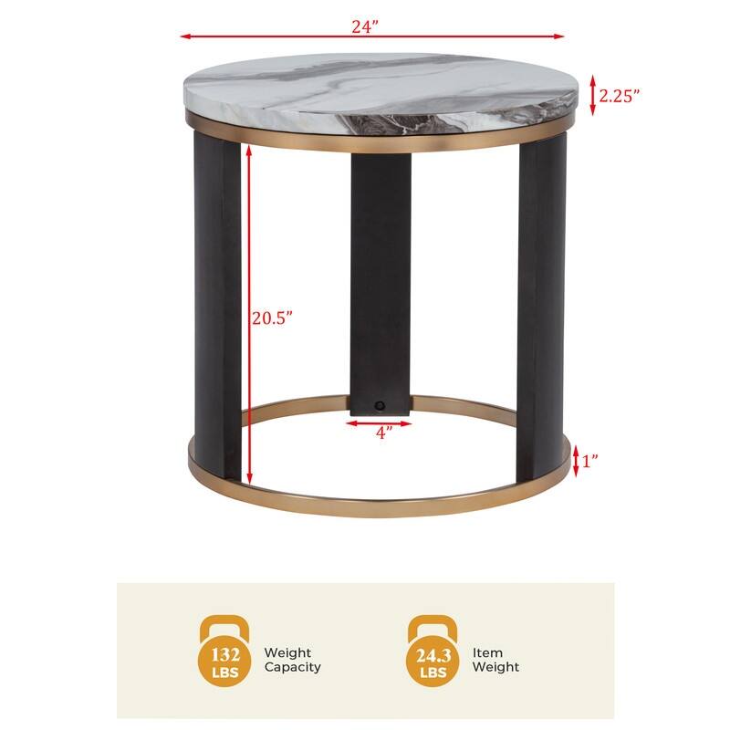 Best Master Furniture Aldora Icelandic Ivory Marble End Table with Espresso Wood Base and Gold Sled Trim