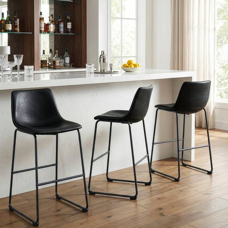 Set of 2 Adan Iron Frame Black Faux Leather Bar Stool