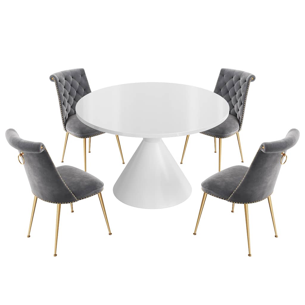 48" Light Luxury White High Gloss Large Countertop Dining Table with Velvet Dining Chair Set