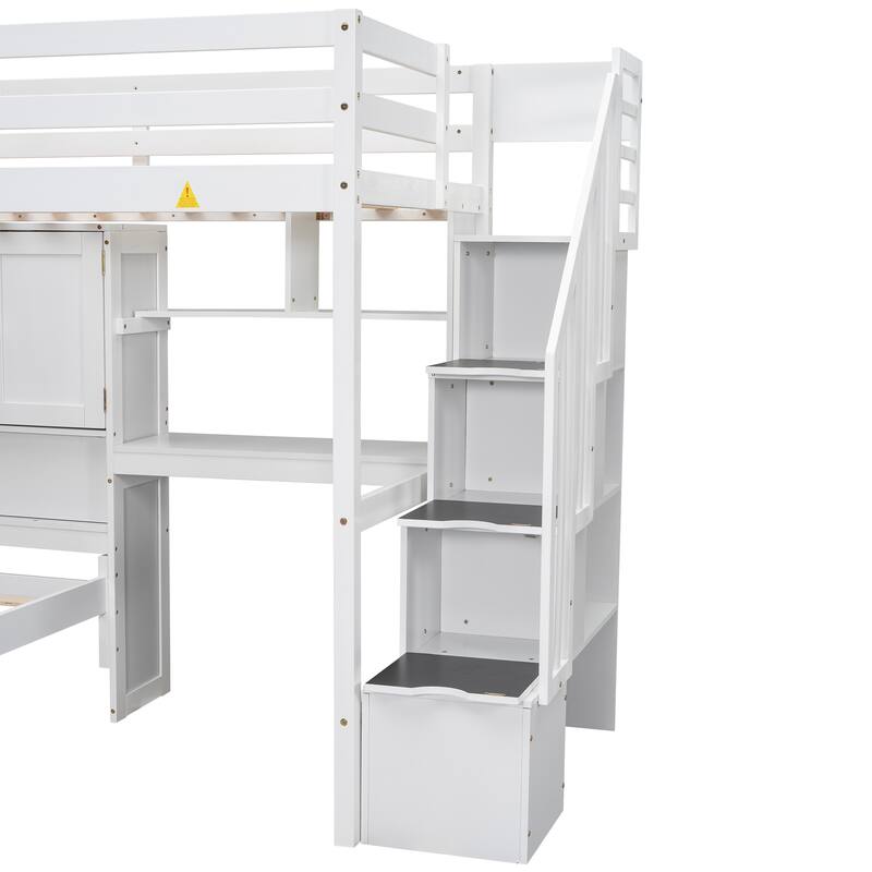 Twin over Twin Loft Bed L-Shaped Bunk Bed with Desk and Storage Shelf, Storage Stairs, Double Door Storage Headboard