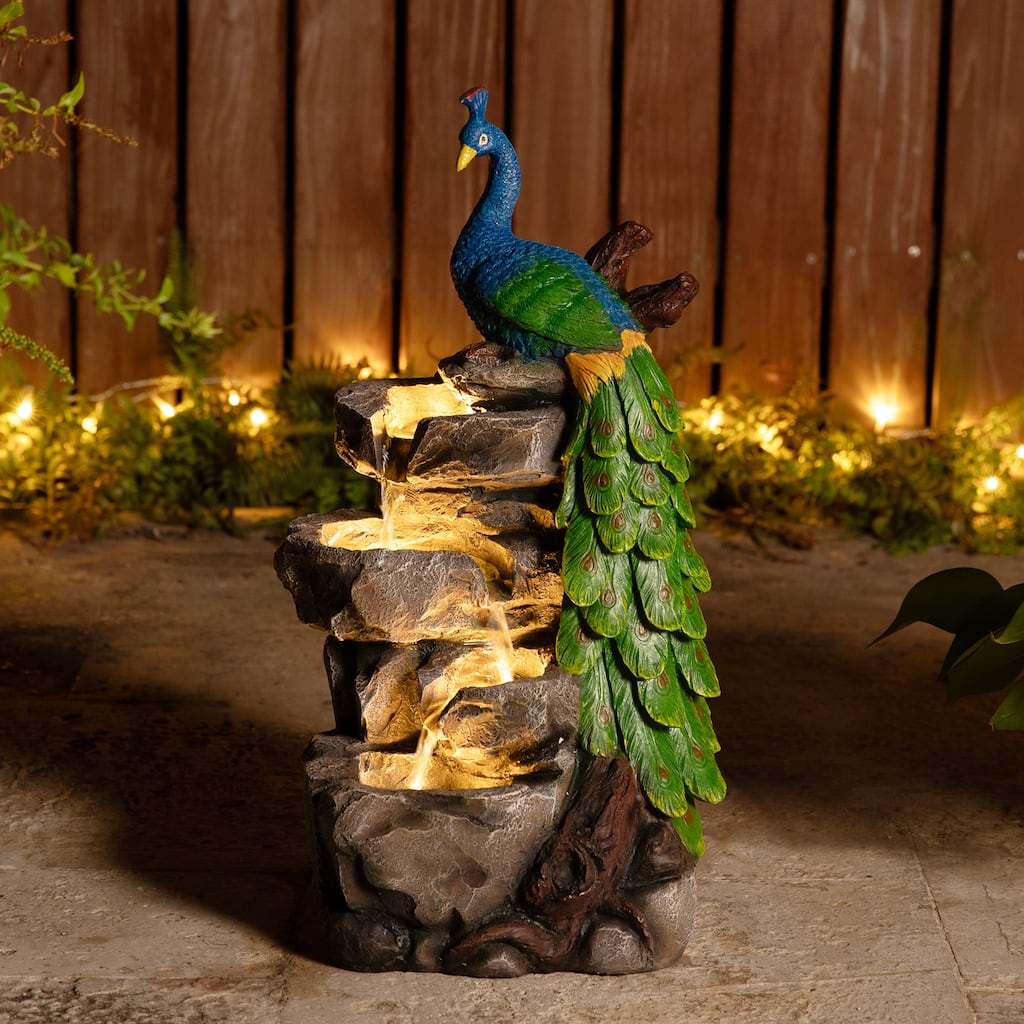Glitzhome 20.5"H 4-Tierd Lighted Peacock Stacked Stones Polyresin Outdoor Floor Fountain