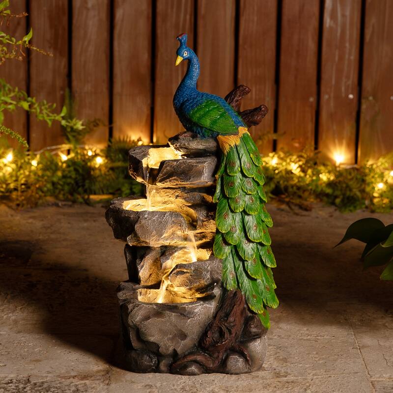 Glitzhome 20.5"H 4-Tierd Lighted Peacock Stacked Stones Polyresin Outdoor Floor Fountain
