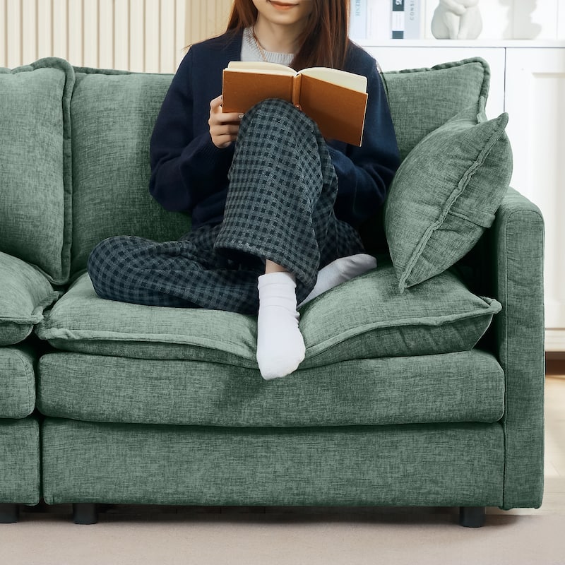 L Shaped Modular Sectional Sofa with Movable Ottoman, Comfy Chenille Upholstered Cloud Sofa, 3 Seater Sofa with Pllows