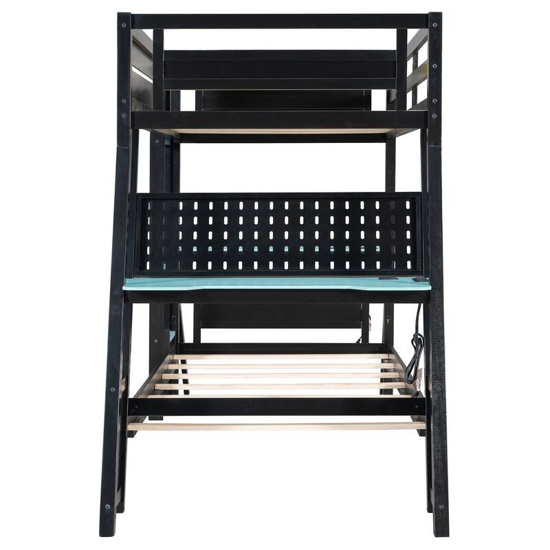 E-sports Inspired Bunk Bed with 2 Built-In Gaming Desks, USB Desktop Ports and Pegboard Organizer, Bunk Frame for Teens Gamer