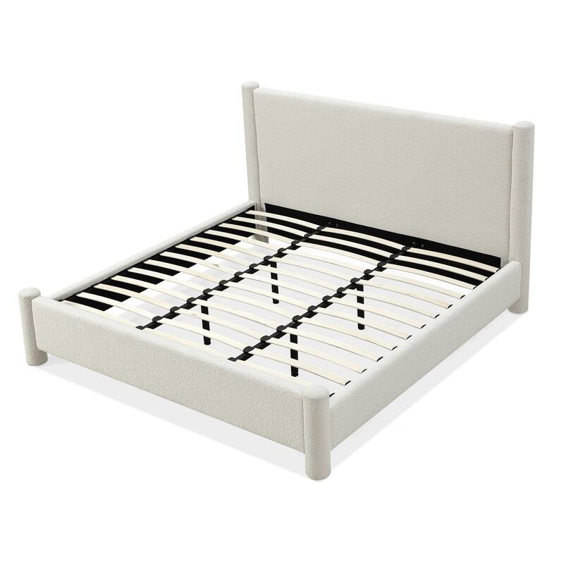 Kizo Queen Size Platform Bed, Cream Boucle Fabric, Panel Headboard, Slats