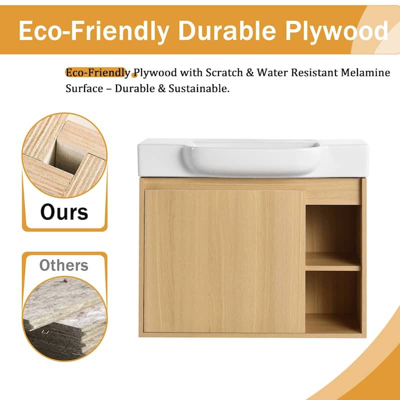 Malwee 24"/28" Floating Bathroom Vanity,Wall Mounted Bathroom Vanity with Ceramic Sink and Soft Close Door