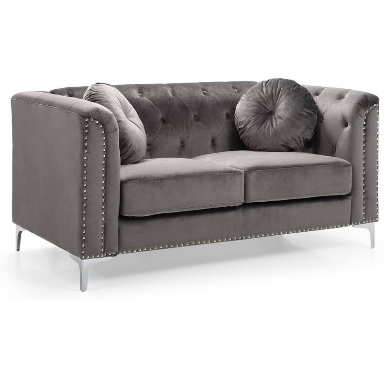 Velvet Button Tufted Loveseat with Throw Pillows - 62" - Dark Gray