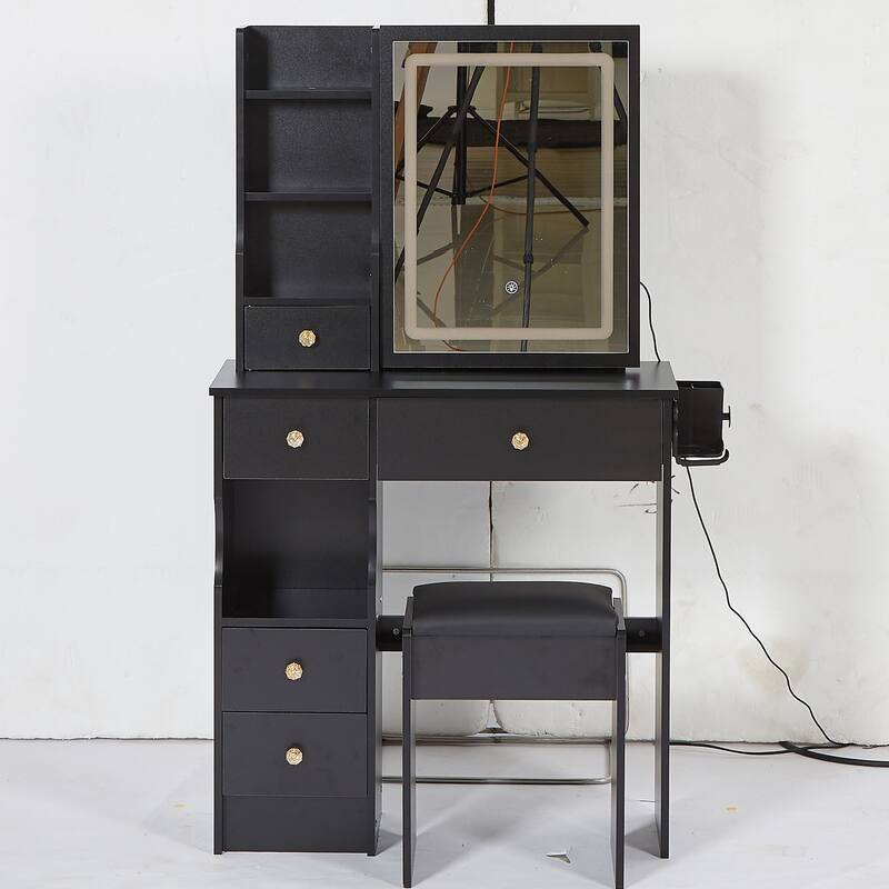 29.2" Small Size Left Drawer Desktop Vanity Table + Cushioned Stool, 2 AC+2 USB Power Station, Hair dryer bracket