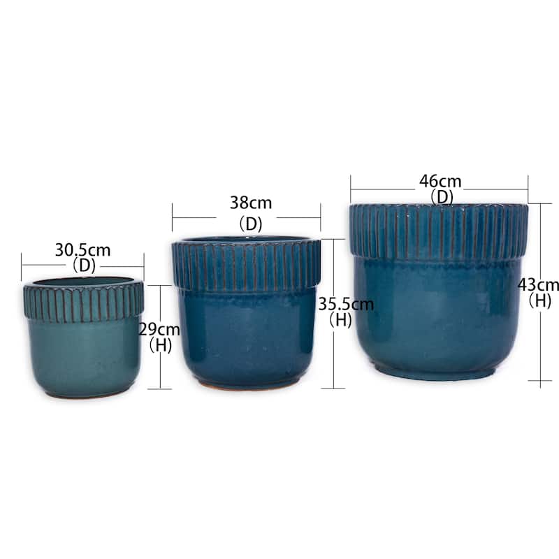 Antique Blue Ceramic Planter Set of 3 - 15 Inch Weatherproof Outdoor Garden Pots with Drainage