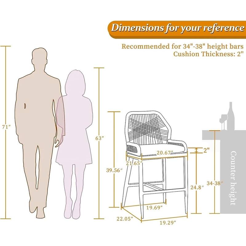 PURPLE LEAF Patio Sunbrella Bar Stools Set of 2 Handwoven Wicker Bar Height Stool Modern Aluminum High Bar Chairs