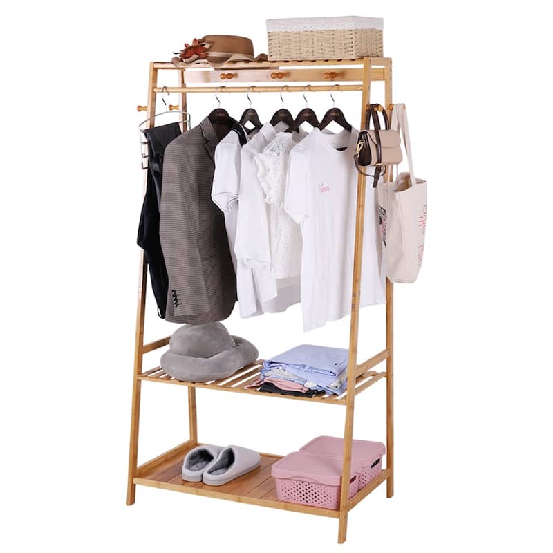 Bamboo Garment Rack 3 Tier Storage Shelves with Hanging Hooks