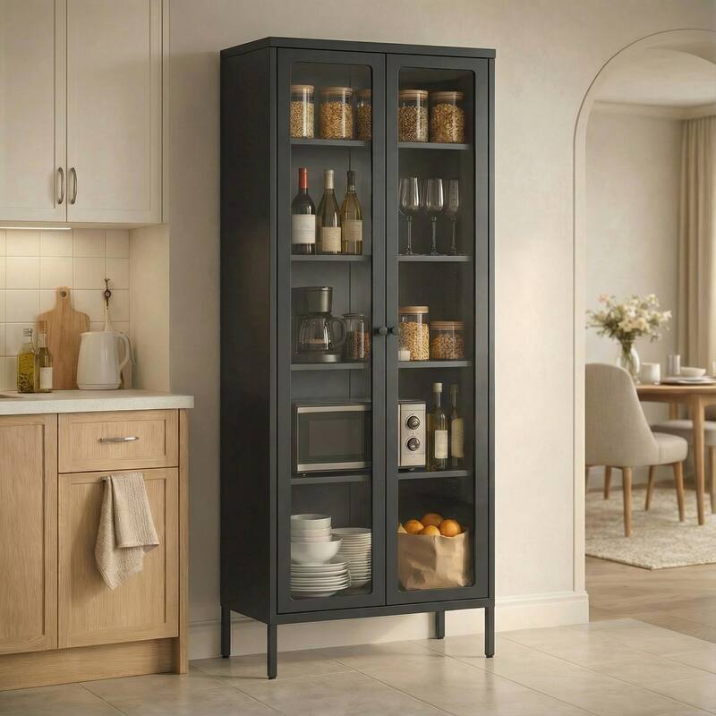 Kitchen Pantry Cabinet Glass Display Storage Buffet Sideboards with Glass Doors and 4 Adjustable Shelves - Black