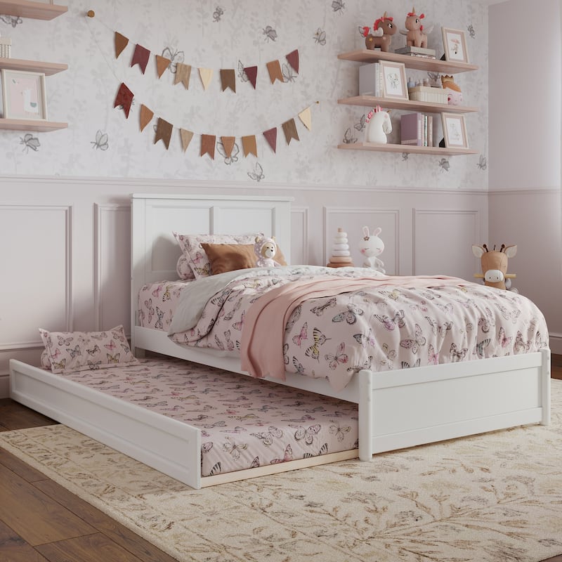 Felicity Platform Bed with Panel Footboard and Twin Trundle - White - Twin