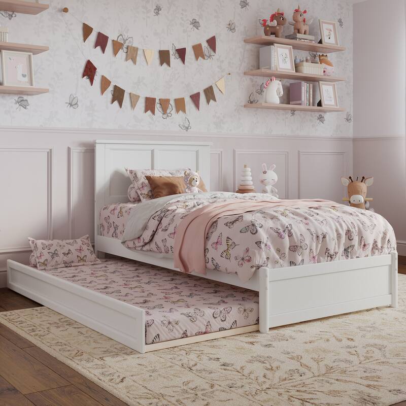 Felicity Twin Platform Bed with Panel Footboard & Twin Trundle in White