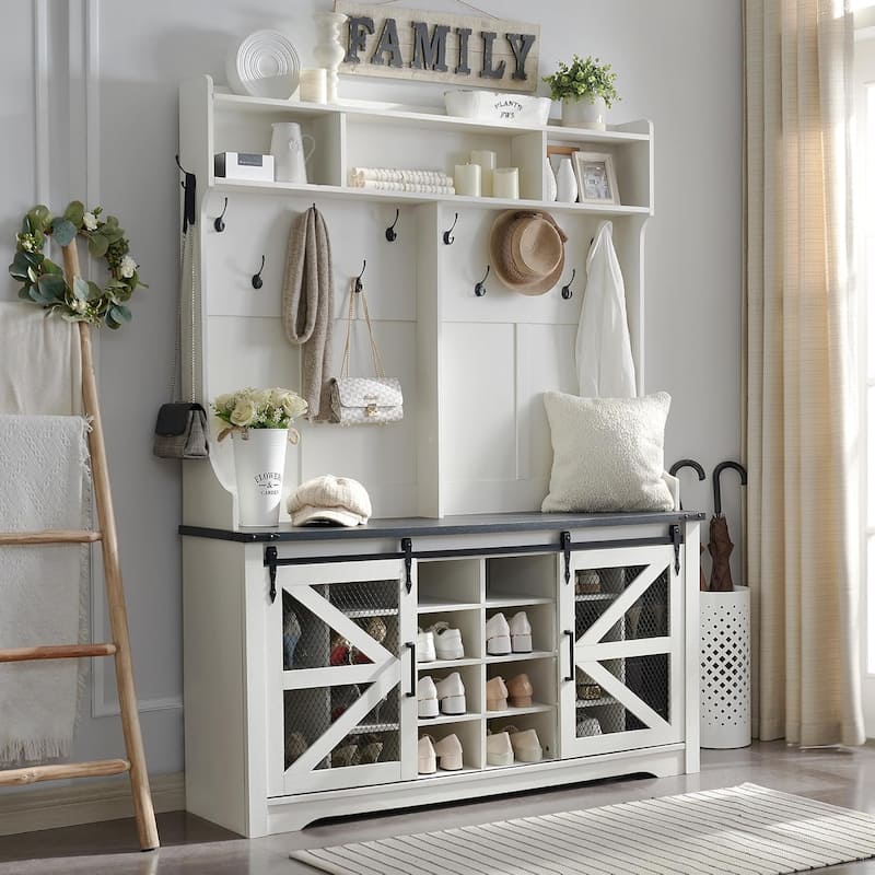 Farmhouse Entryway Bench with Coat Rack, with Shoe Storage Bench - White