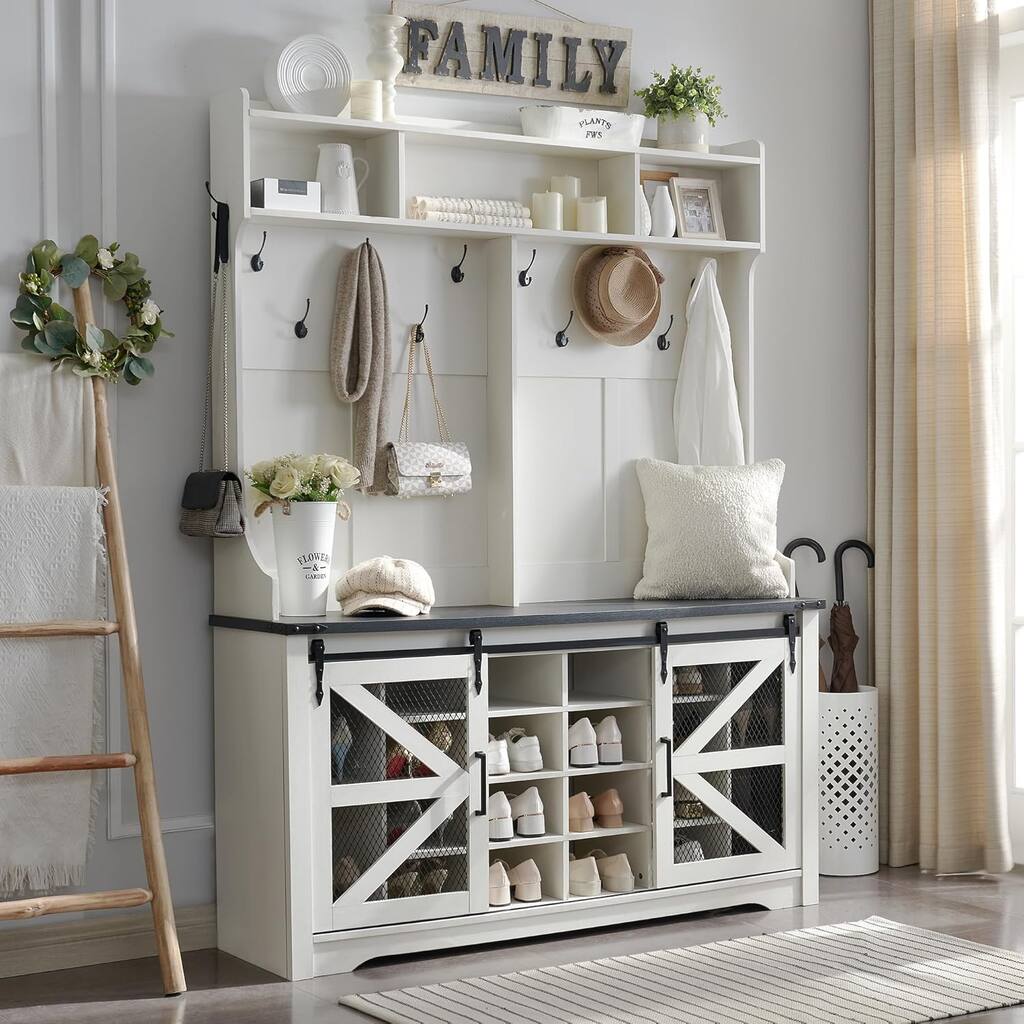 Farmhouse Entryway Bench with Coat Rack, with Shoe Storage Bench