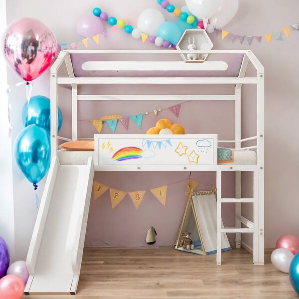 slide 2 of 13, Twin Size Metal House Bed Loft Bed With Slide and Two-sided Writable Wooden Board,Solid Construction White