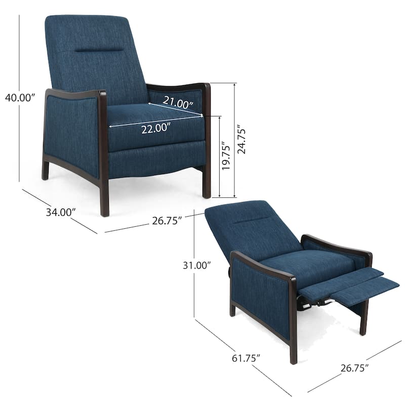 Reina Push Back Recliner Chair, Brown Birch Wood, Navy Blue Fabric