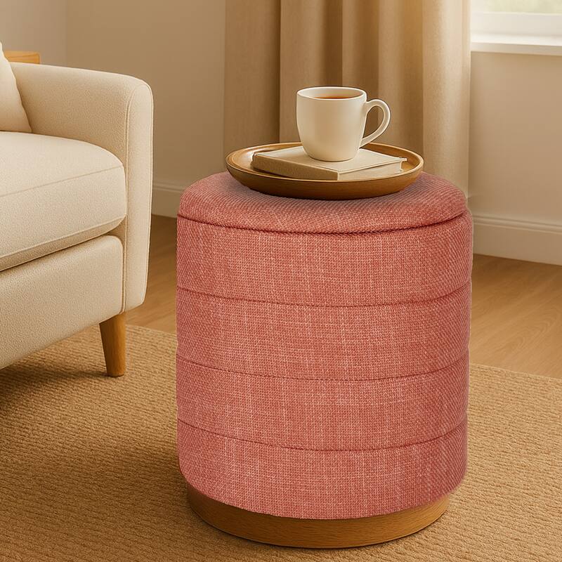 Modern Cylinder Ottoman with Hidden Storage Linen Upholstery Seat