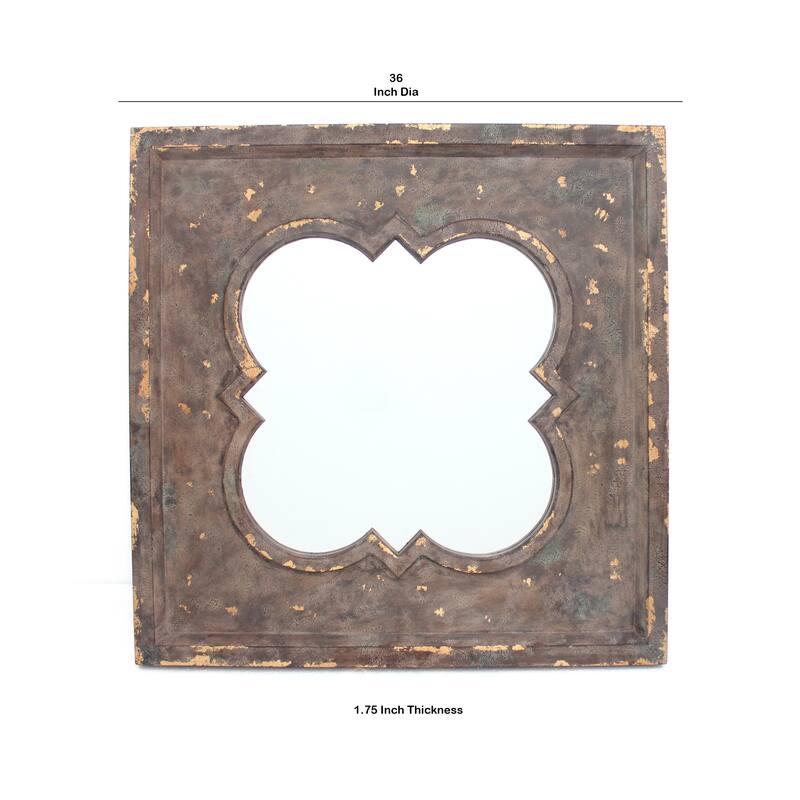 Quatrefoil Pattern Wood Mirror with Distressed Finish, Silver and Brown - clear
