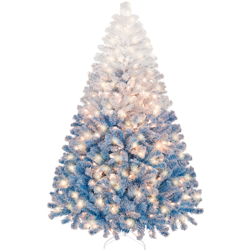 Yaheetech 4.5ft/6ft/7.5ft Pre-lit Flocked Artificial Christmas Tree with Incandescent Warm White Lights, Lake Blue Gradient