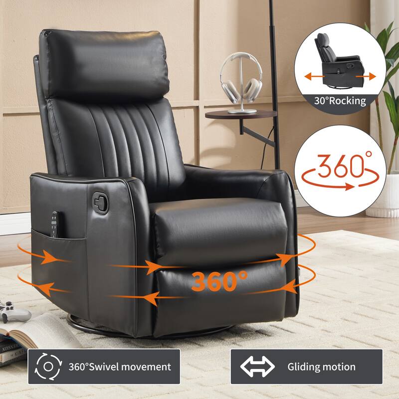 Faux Leather Swivel Recliner Chair, Manual Recliner Chair with Heat & Massage, Glider Rocker Chair with Side Pocket