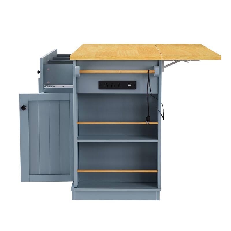 Large Kitchen Island with 2 Bar Stools, Power Outlet, Kitchen Storage Cart with Drop Leaf, 5 Open Side Racks, 3 Drawers