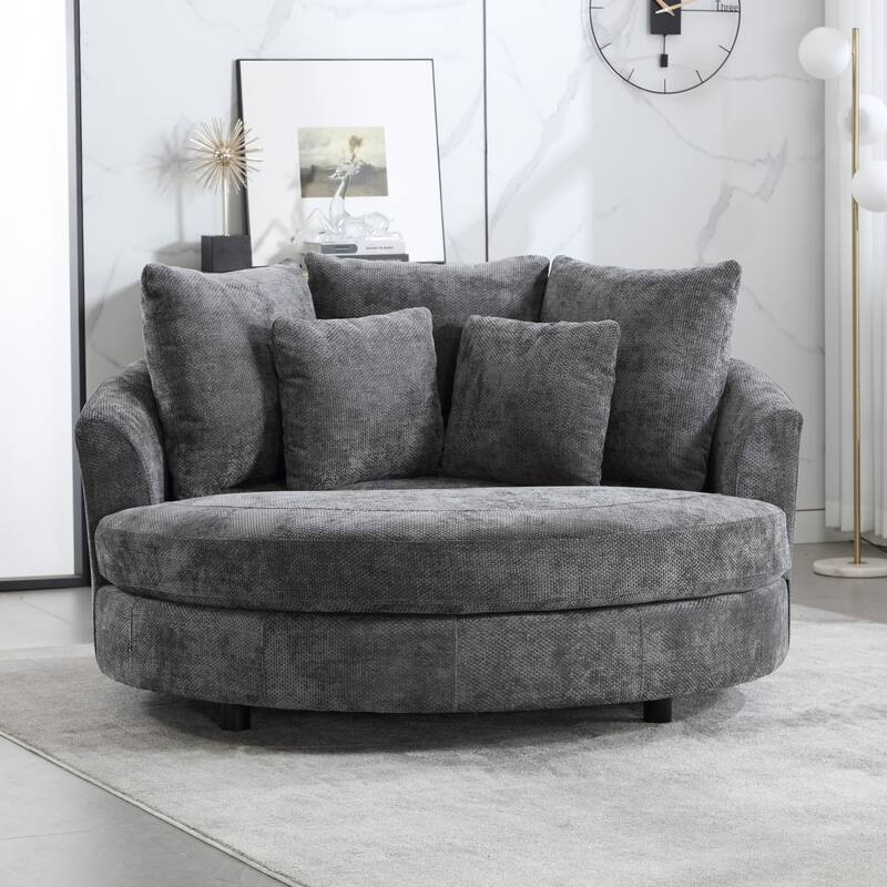 Modern Sofa Chair Round Accent Barrel Chair With 5 Pillows and Storage Ottoman