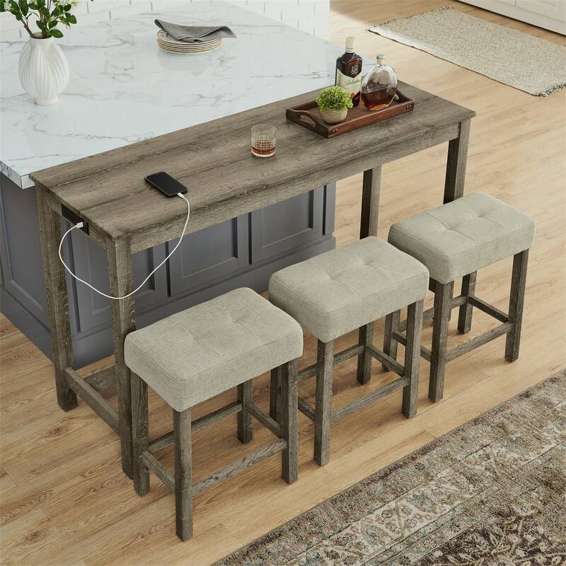 59 Inch 4 Piece Bar Table and Chair Set with Power Outlet and 3 Upholstered Stools