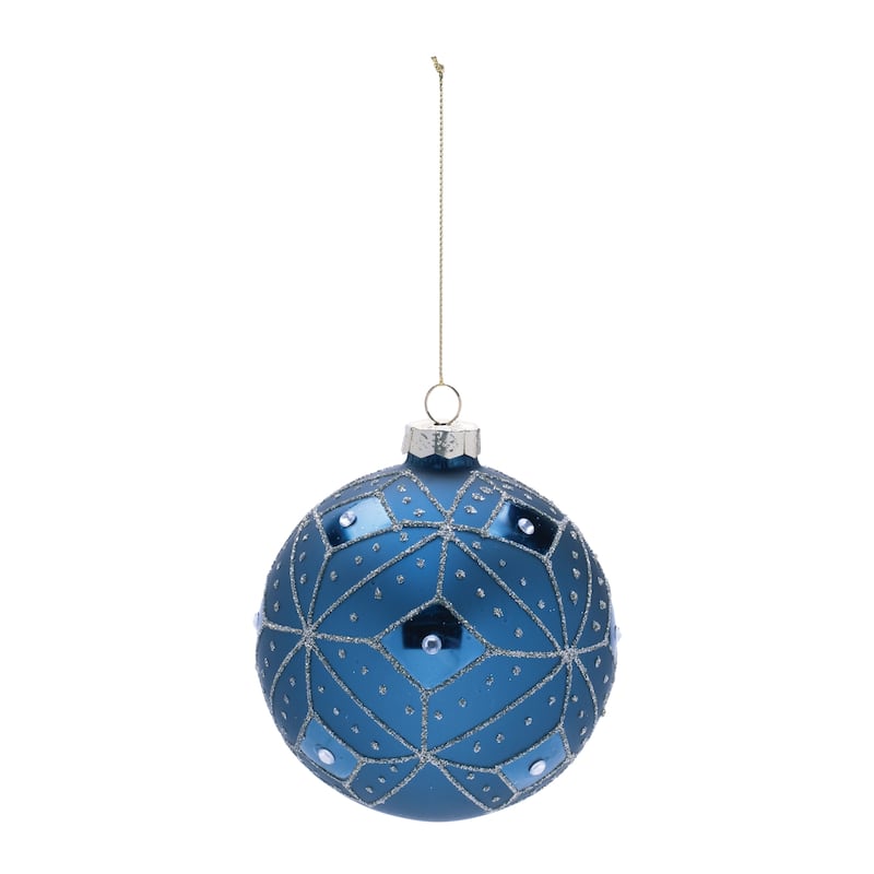 Set of 6 Geometric Blue & Silver Glittered Glass Christmas Ornaments with Jeweled Accents - 3.75" x 3.75" x 4"