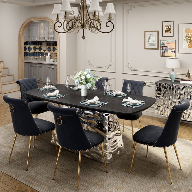 7-Piece Clihome Modern Stainless Steel Table Velvet Chair Dining Set